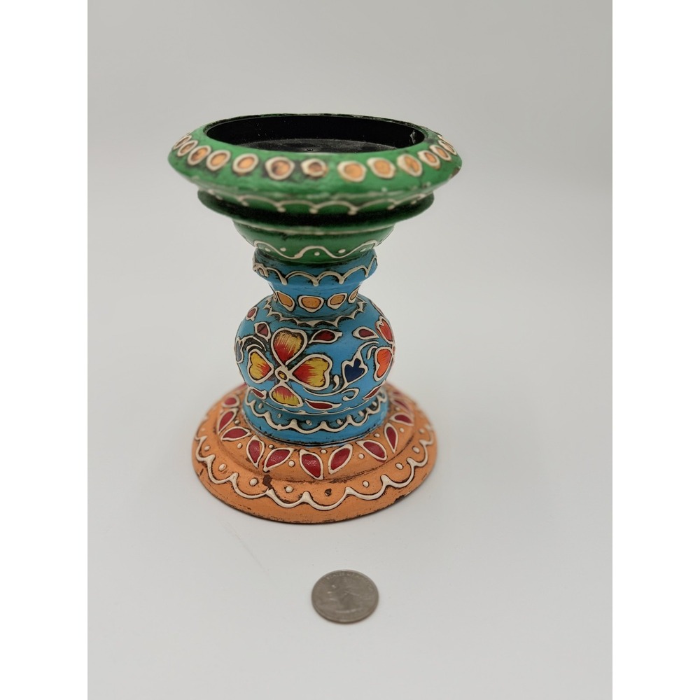 World Market Hand Painted Candle Holder Bohemian Folk Art Pillar Votive 6"